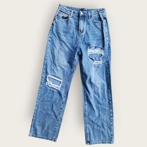 Cider Jeans Women's Sz M 28x28 Blue Denim Loose Straight Holy Distressed Hi-Rise